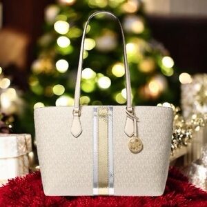 Michael Kors Cream Tote with Gold and Silver Stripes